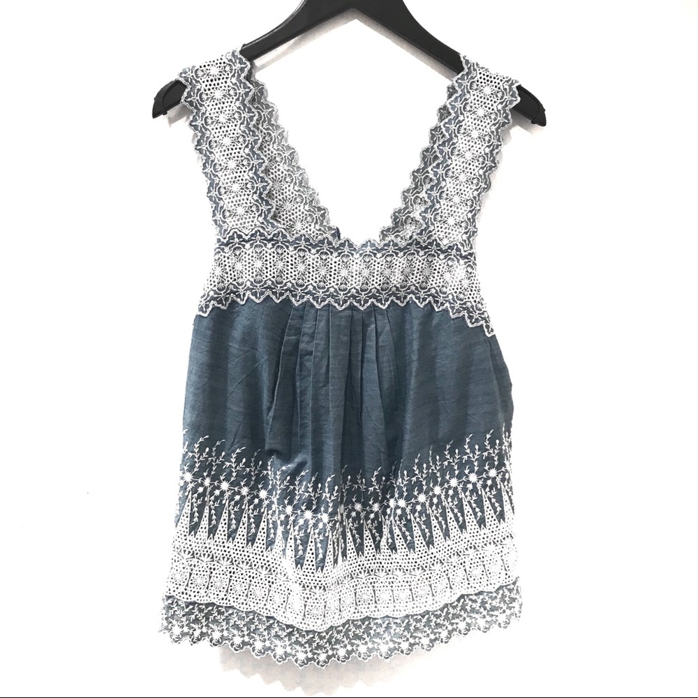 blue denim embroidered tank top